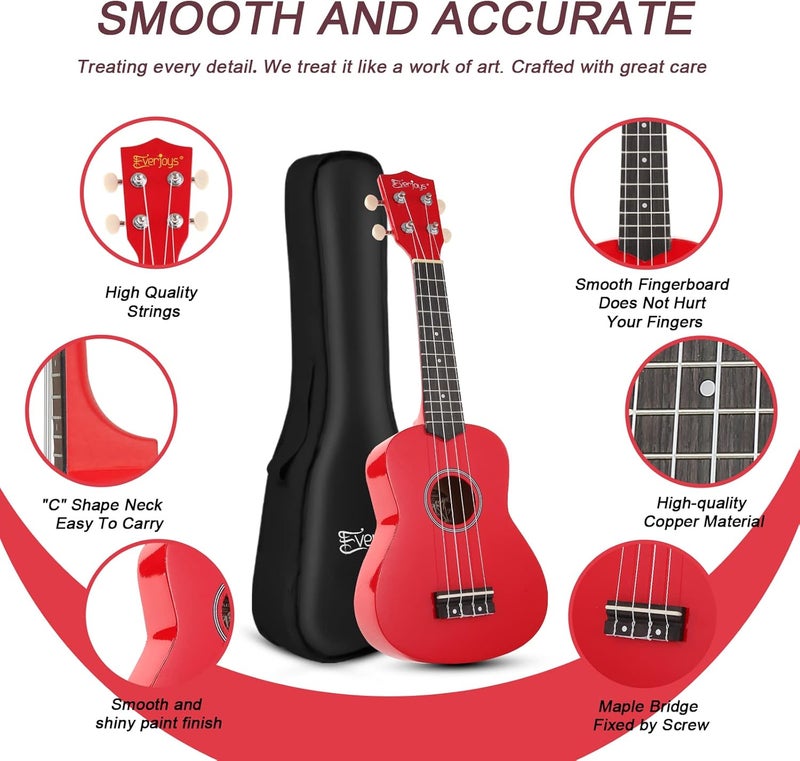 Everjoys Soprano Ukulele Beginner Kit for Adult w/Free Online Lesson 21 Inch Ukelele Gig Bag Strap String Tuner Pick Polishing Cloth - Image 2